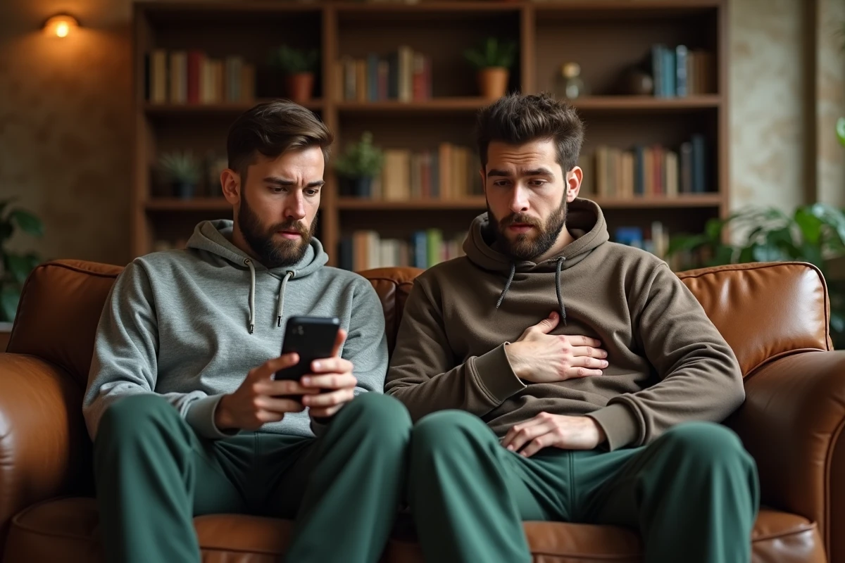 Deux partenaires masculins réagissant différemment à une blague d'humour noir sur un téléphone, l'un offensé l'autre amusé