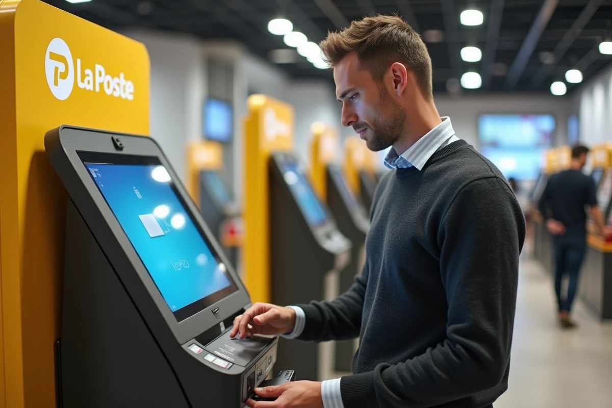 Homme utilisant une borne d'impression en libre-service dans un bureau de La Poste