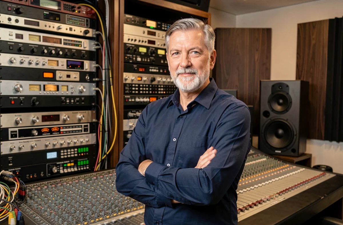 Ingénieur de mastering expérimenté devant une console et des racks de matériel outboard dans un studio professionnel haut de gamme