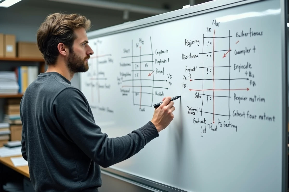 Ingénieur en machine learning expliquant les limites de l'AUC devant un tableau blanc dans un laboratoire de recherche