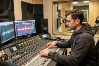 Ingénieur du son professionnel ajustant les faders d'une console de mixage dans un studio d'enregistrement pour produire un mix radio ready
