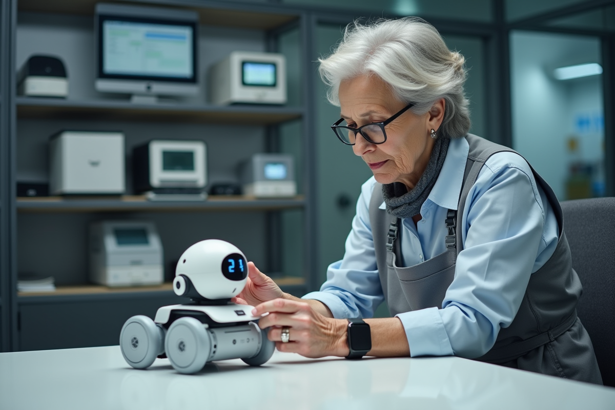 Ingénieure expérimentant un robot dans un laboratoire hightech