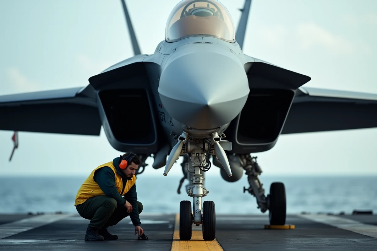 Technicien effectuant une inspection pré-vol sur un jet militaire posé sur un porte-avions en mer, dans l'esprit de Top Gun 3