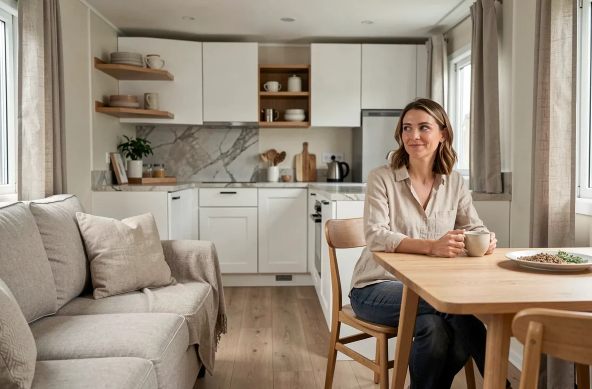 Intérieur confortable d'un mobil-home de marque française avec cuisine équipée, parquet clair et espace de vie aménagé avec goût