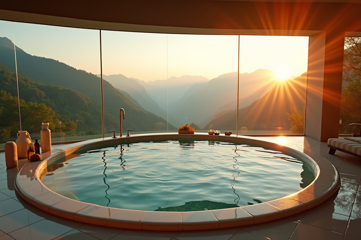 Jacuzzi intérieur élégant avec vue sur montagnes vertes