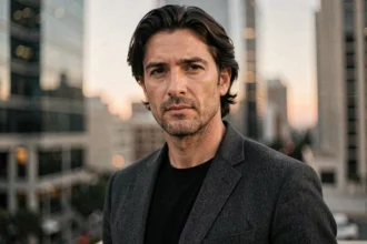 Portrait éditorial d'un homme charismatique devant un décor urbain hollywoodien évoquant une personnalité montante du cinéma américain