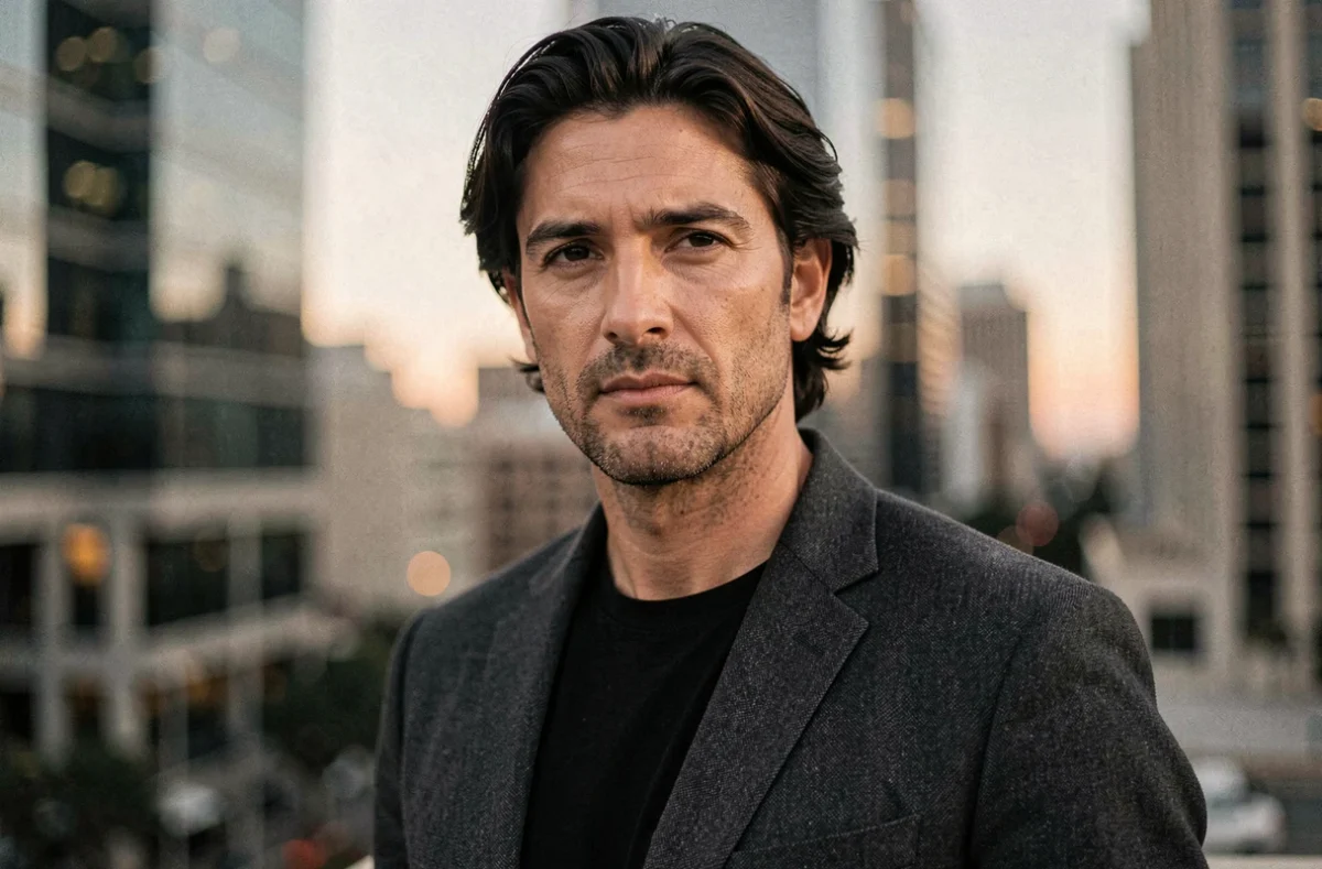 Portrait éditorial d'un homme charismatique devant un décor urbain hollywoodien évoquant une personnalité montante du cinéma américain