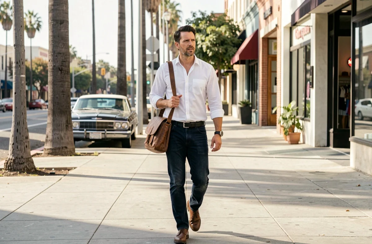 Homme marchant dans une rue ensoleillée de Los Angeles, style décontracté et démarche assurée, atmosphère documentaire journalistique