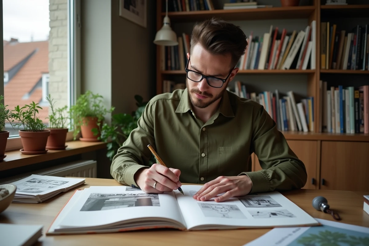 Jeune homme étudiant un catalogue d