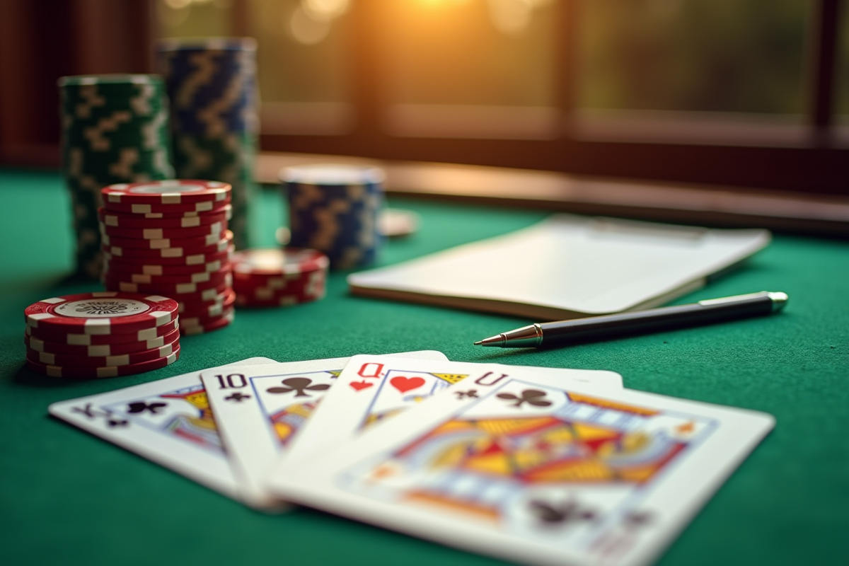 Cartes et jetons de poker sur une table lumineuse