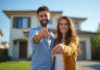 Couple souriant tenant des clés devant une maison moderne