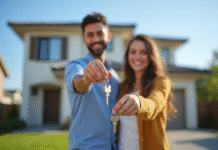 Couple souriant tenant des clés devant une maison moderne
