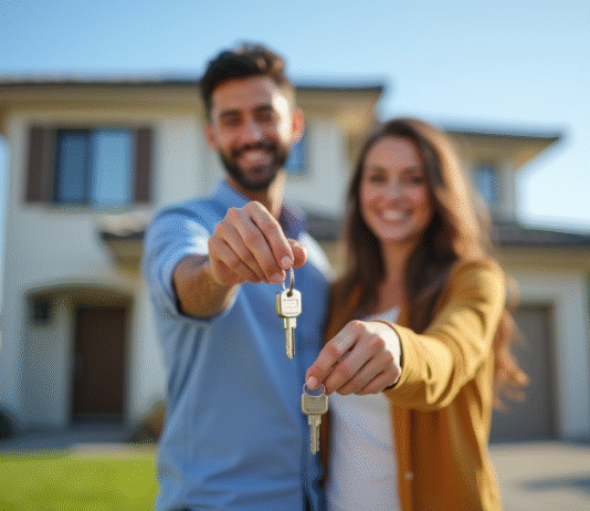 Couple souriant tenant des clés devant une maison moderne