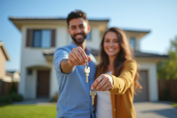 Couple souriant tenant des clés devant une maison moderne