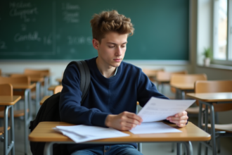 Jeune étudiant en classe regardant son bulletin scolaire