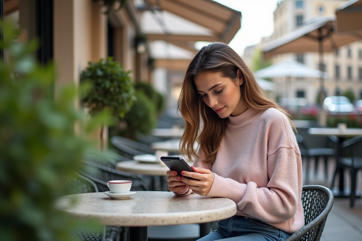 Jeune femme utilisant une application bancaire sur smartphone en terrasse