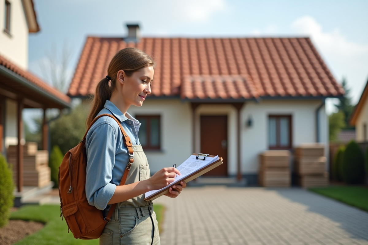 Jeune femme vérifiant plans de toiture en terre cuite neuve