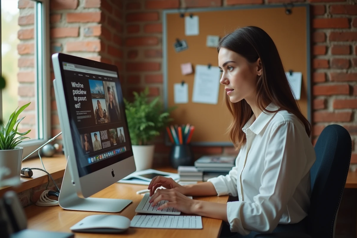 Jeune femme cinéphile explorant un site de film du jour sur ordinateur dans un bureau personnel