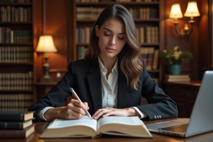 Jeune femme en bibliothèque juridique avec livre Code civil