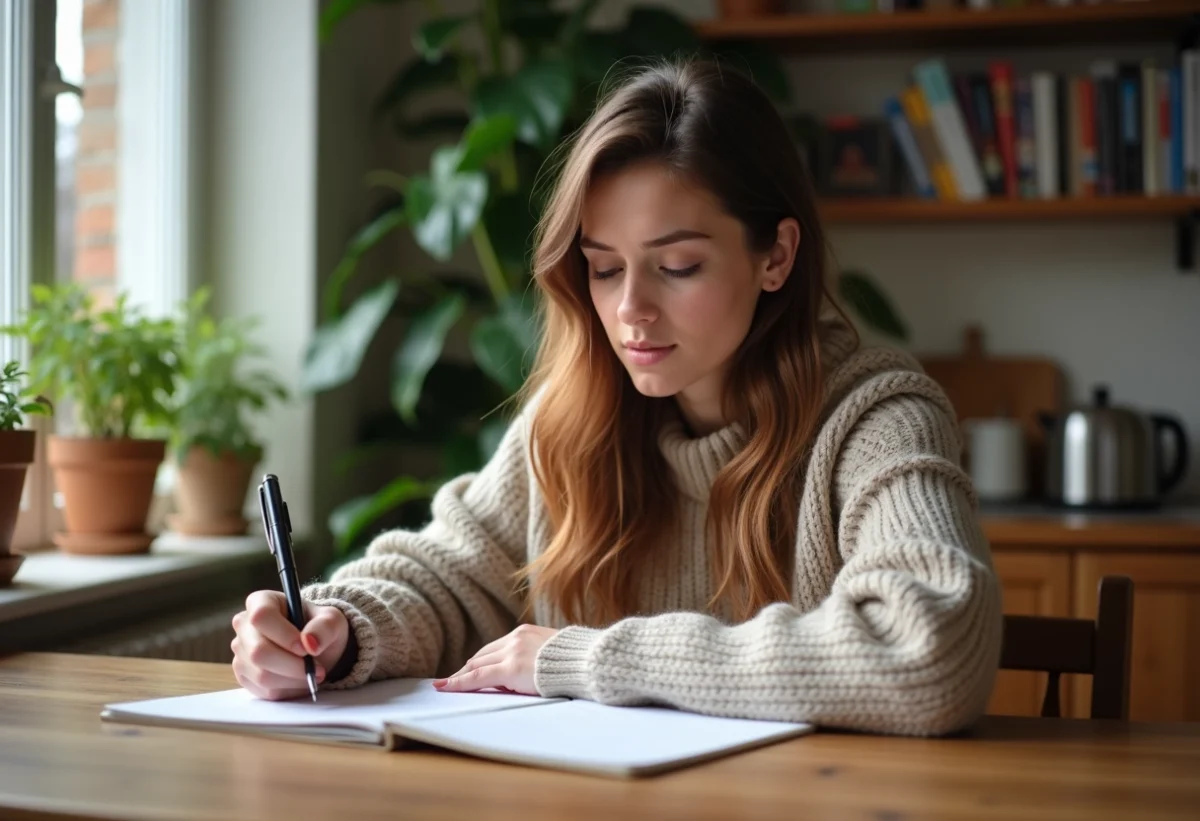 Jeune femme en sweater écrivant dans un carnet à la maison