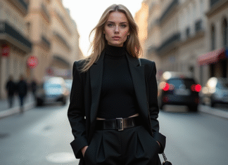 Jeune femme élégante en noir dans la ville en journée