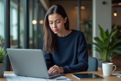 Jeune femme étudie des graphiques fintech sur son ordinateur