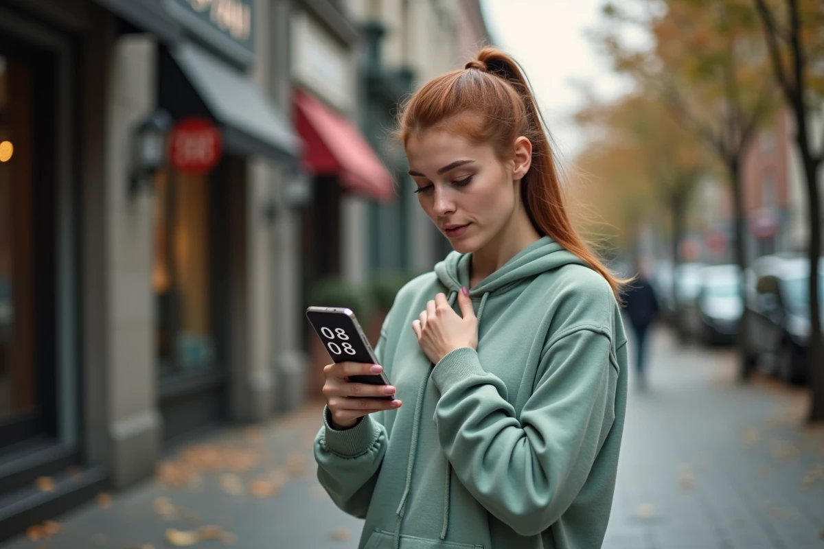 Jeune femme découvrant l'heure miroir 08h08 sur son smartphone dans une rue pavée en automne, signe angélique du quotidien