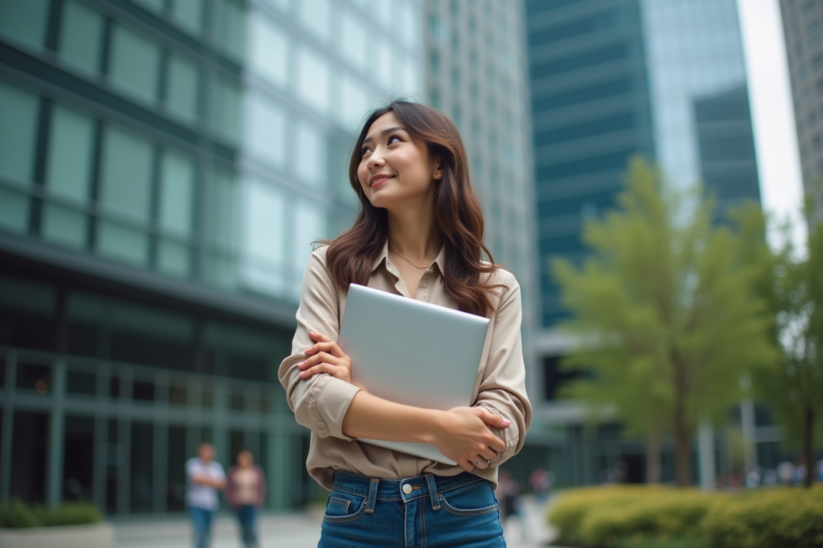Jeune femme investisseure dans un environnement urbain dynamique