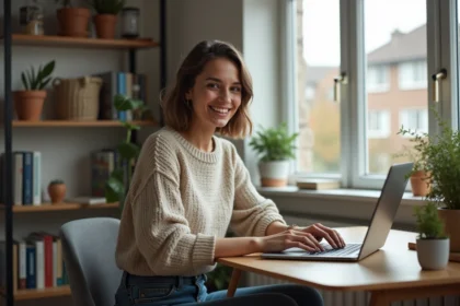 Jeune femme souriante utilisant son ordinateur à la maison