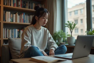 Jeune femme lisant manga à la maison dans un appartement cosy