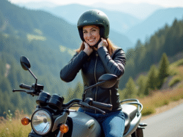Jeune femme en moto sur un panorama de montagne
