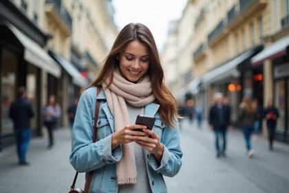 Jeune femme à Paris souriant en regardant son téléphone