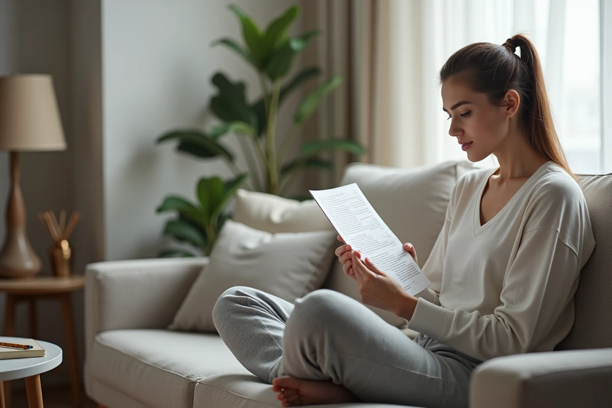 Jeune femme relisant un PDF de préparation à l'entretien de naturalisation sur son canapé à domicile