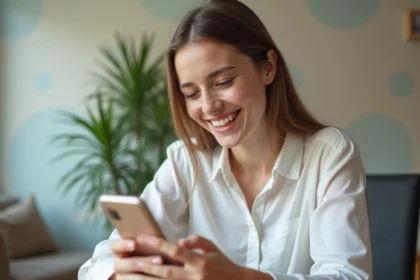 Jeune femme souriante utilisant son téléphone pour éditer son profil