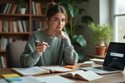 Jeune femme sceptique recherchant un concept viral sur son ordinateur portable dans un bureau à domicile
