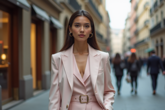 Jeune femme élégante en tailleur pastel dans la ville