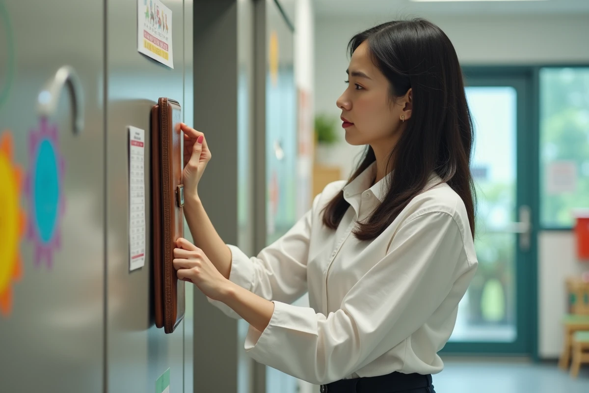 Jeune femme inspectant un registre de sécurité dans une crèche