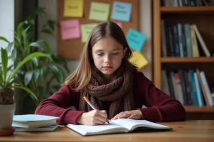Jeune fille studieuse écrivant en français dans un décor cozy