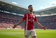 Jeune footballeur en maillot Stade de Reims célèbre après un but