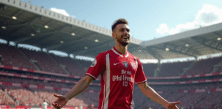 Jeune footballeur en maillot Stade de Reims célèbre après un but