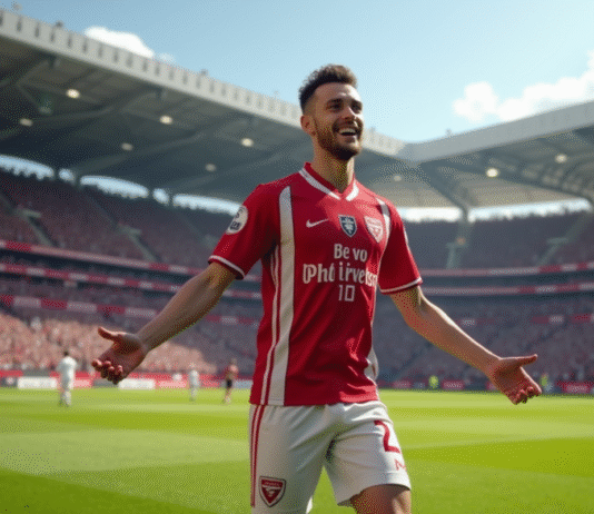 Jeune footballeur en maillot Stade de Reims célèbre après un but