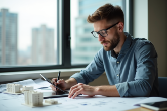 Jeune homme dessinant un modele 3D sur une tablette