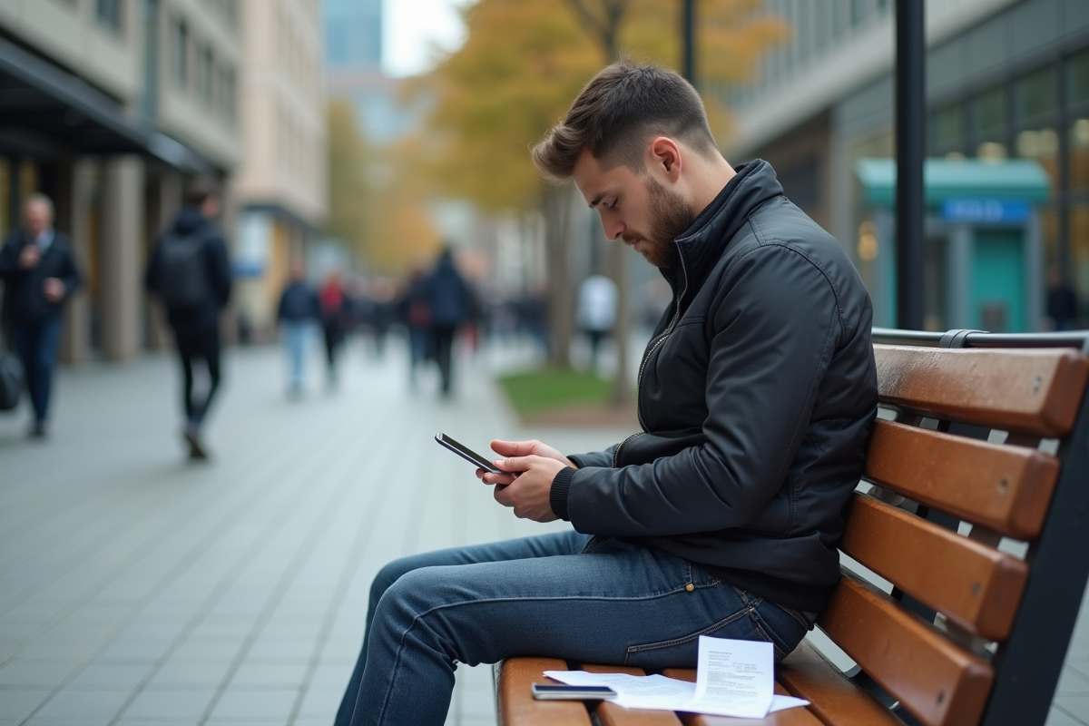 Jeune homme avec receipts et smartphone en espace urbain