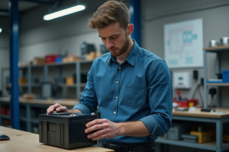 Jeune homme examinant une batterie lithium dans un laboratoire moderne
