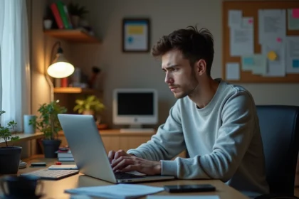 Jeune homme au bureau regardant son ordinateur inquiet