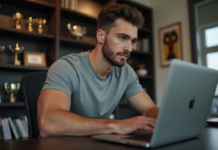 Échanger des conseils sur les forums de musculation : le guide ultime Jeune homme en fitness travaillant sur son ordinateur à la maison