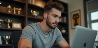 Échanger des conseils sur les forums de musculation : le guide ultime Jeune homme en fitness travaillant sur son ordinateur à la maison