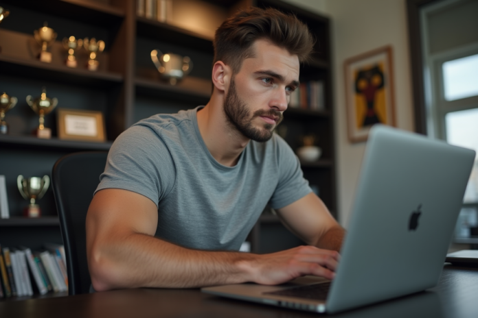 jeune-homme-fitness-bureau Jeune homme en fitness travaillant sur son ordinateur à la maison