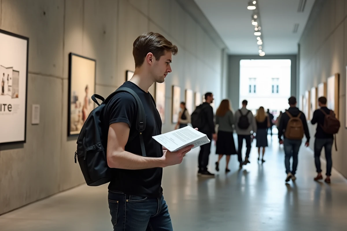 Jeune homme avec guide dans le hall de l