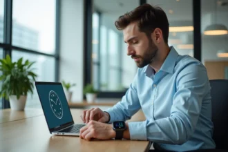 Jeune homme vérifiant l'heure sur sa montre dans un bureau moderne